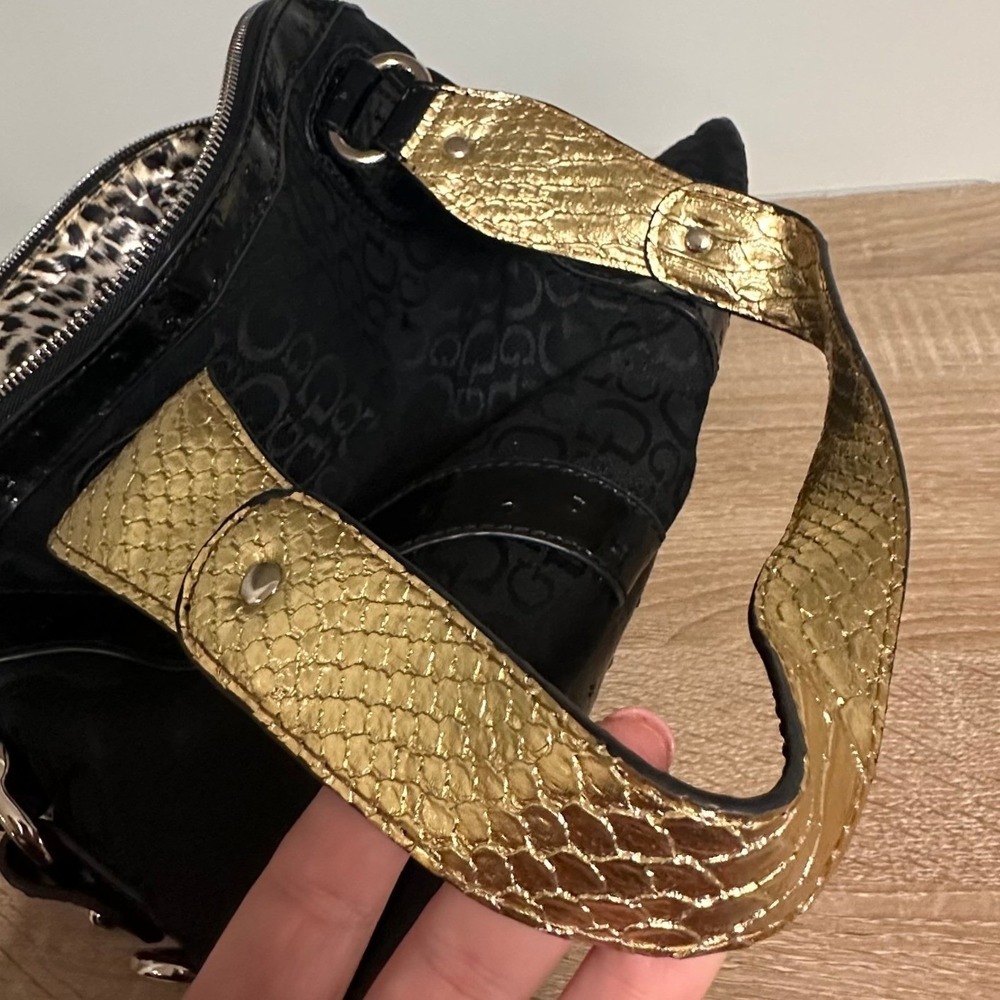 VTG GUESS Y2K Ostrich Print Shoulder Bag Black Patent Leather Indie Sleaze Glam - Picture 10 of 14